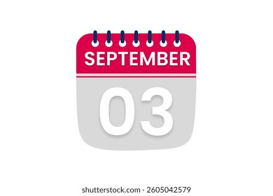 3 September month single day vector, illustration, calendar with red, off white and white color background calendar September 3