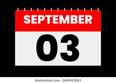 3 September month single day vector, illustration, calendar with red, off-white and black color background calendar icon of September 3