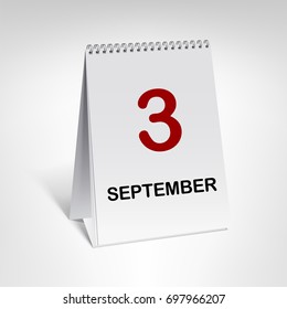 3 September. Spiral calendar vector illustration. Vertical table calendar with date isolated on white background.