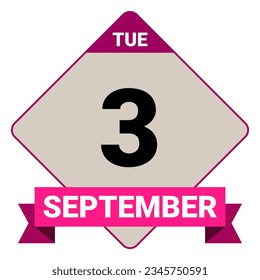 3 September, Tuesday. Date template. Useful design for calendar or event promotion. Vector illustration EPS 10 File. Isolated on white background. 