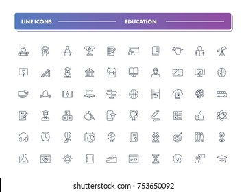 3. Set of 60 line icons. Education collection. Vector illustration or studying, learning, teaching, wisdom and knowledge.  