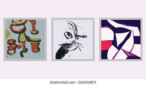 3 Set abstrakter, minimalistischer, handgemalt Illustrationen Wanddekoration