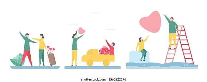 3 Set Activities for couple of love in winter season. Vector illustration in flat style. 