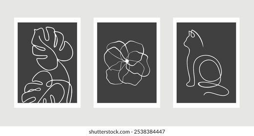 3 set of aesthetic images with the theme of leaf, flowers and cats. Adding an elegant and simple impression with simple colors