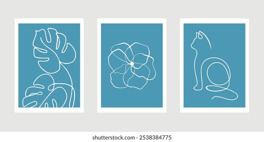 3 set of aesthetic images with the theme of leaf, flowers and cats. Adding an elegant and simple impression with simple colors