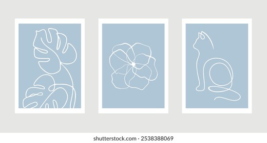 3 set of aesthetic images with the theme of leaf, flowers and cats. Adding an elegant and simple impression with simple colors