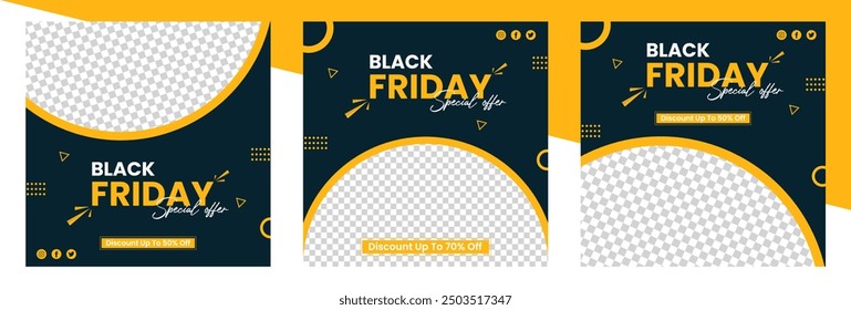 Plantilla cuadrada del Anuncio de la venta del viernes negro de 3 sistemas para las publicaciones de las redes sociales, App móviles, diseño de los Anuncios, anuncios de Internet.