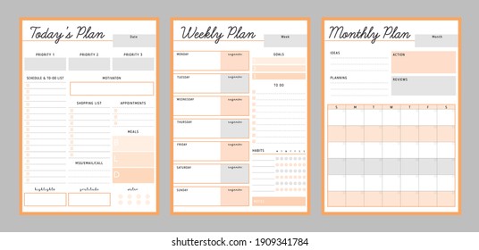 3 Set of Daily Weekly Monthly planner printable template Vector (Fresh Orange). Easy to plan your day. Blank printable vertical notebook page. Business organizer.