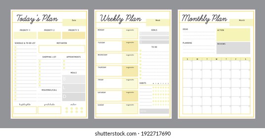 3 Set of Daily Weekly Monthly planner printable template Vector (Fresh Lemon). Easy to plan your day. Blank printable vertical notebook page. Business organizer.