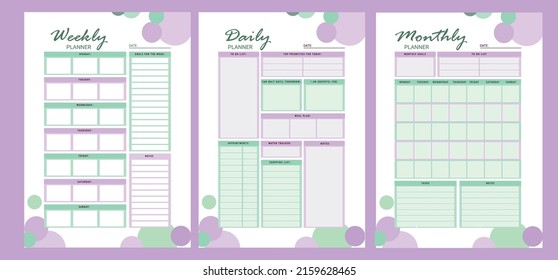 3 Set of Daily Weekly Monthly planner printable template Vector. Easy to plan your day. Blank printable vertical notebook page. Business organizer.