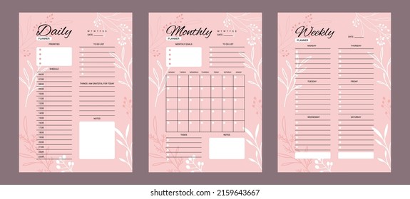 3 Set of Daily Weekly Monthly planner printable template Vector. Easy to plan your day. Blank printable vertical notebook page. Business organizer.