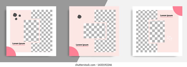 3 Set editable square banner template - abstract, minimal, modern design background in pink color with round circle shape. Suitable for social media post, stories, story, flyer. Vector illustration.