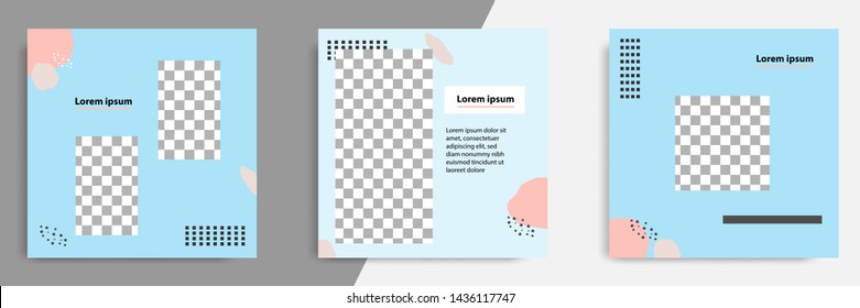 3 Set editable square banner template - abstract, minimal, modern design background in blue color with fluid wave shape. Suitable for social media post, stories, story, flyer. Vector illustration