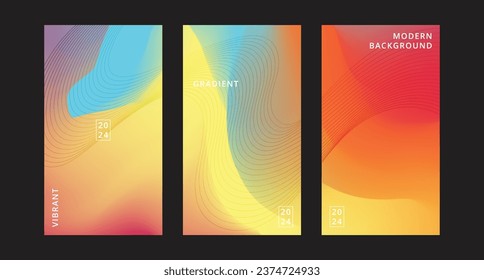 3 Conjunto de plantilla de vectores de fondo de fluidos abstractos elegantes con transiciones de color vibrantes. Perfecto para diseños y presentaciones modernos. Fondo versátil para el arte digital y materiales promocionales