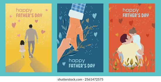 3 set of Happy Father's Day with father and son vector illustration, design element for greeting card, poster, banner and flyer.