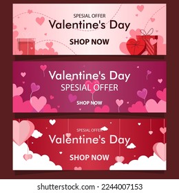 3 set horizontal banner in different style and color with space for text. Happy Valentine's day sale header or voucher template in pastel colors vector illustrations EPS10