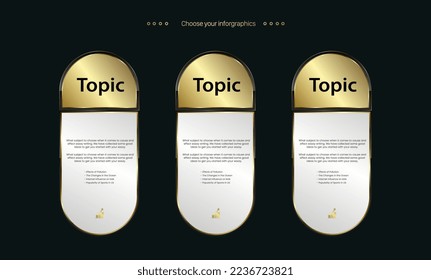 3 juegos de botones de infografía dorados de marco de lujo, 3 banners de premios de oro premium para plantillas de diseño infográfico de caja de texto, vector e ilustración.