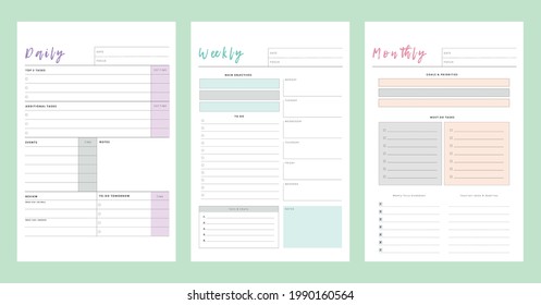 3 Set of minimalist pastel color planners. Daily, weekly, monthly planner template. Clear and simple printable to do list. Business organizer page. Paper sheet. Realistic vector illustration.