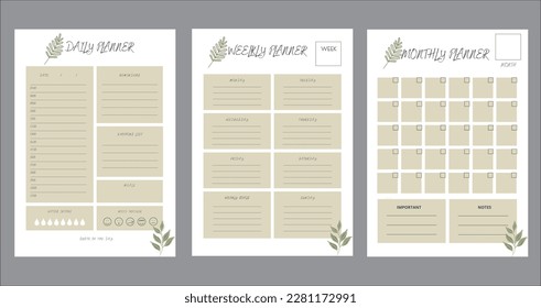 3 Set of minimalist pastel color planners. Daily, weekly, monthly planner template. Clear and simple.Paper sheet.