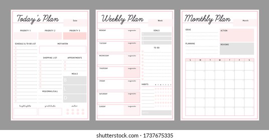 3 Set of minimalist pink and grey color planners. Daily, weekly, monthly planner template. Clear and simple printable to do list. Business organizer page. Paper sheet. Realistic vector illustration.