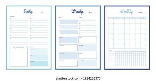 3 Set of minimalist planners. Daily, weekly, monthly planner template (Ocean Blue). Simple printable to do list. Business organizer page. Paper sheet. Realistic vector illustration.