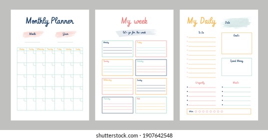 3 Set of minimalist planners (Limited Edition) . Daily, weekly, monthly planner template. Cute and simple printable to do list. Business organizer page. Paper sheet. Realistic vector illustration.