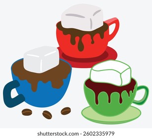 3 set over flowing coffee with marshmallows in the coffee cup.