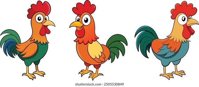 3 conjunto de arte de Ilustración vectorial de dibujos animados de gallo