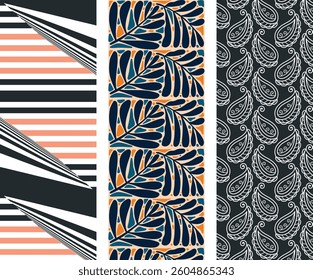 3 set of Trendy Modern Botanical Floral Seamless Background for printing and packaging

