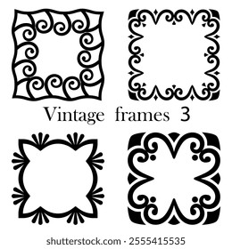 3 set of vector square frames with geometric ornaments isolated on white background. Simple vintage blank frames for text, greeting cards, invitations, certificates, web banners, brochures, vignettes