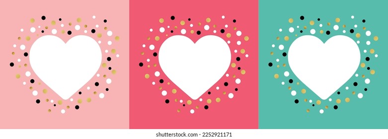 3 juego de marco de corazón blanco sobre fondo rosa pastel con espacio vacío para la tarjeta de saludo de Sweet Love Valentine day. con varios colores de puntos en blanco, dorado, negro