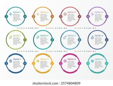 3 sets of 4 options business infographic template, three different circle frame styles, in colorful lines with symbols and text frame