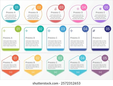 3 sets of 5 options business infographic template, theme of simple flat shape design in different style including circle, rectangular and hexagon
