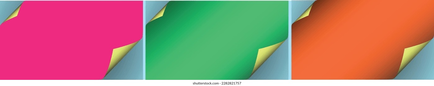 3 conjuntos de fondo de página de curling en colores de paleta de neón brillantes para refrescar electrificantemente, o bajar el tono de la vitalidad, o atractiva papelería afilada. Curl de página con sombra en hojas en blanco.