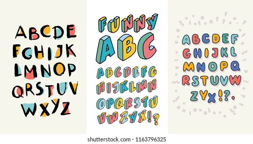 3 Sets of English hand drawn alphabets. ABC contains different handwritten capital latin letters. Stylish scripts and nice serifs for your design. Vector cartoon illustration in modern concept