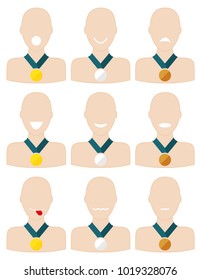 3 sets of 3 medalists each with gold, silver and bronze medal with different facial expressions, happy, sad, surprised, satisfied, ok, etc.