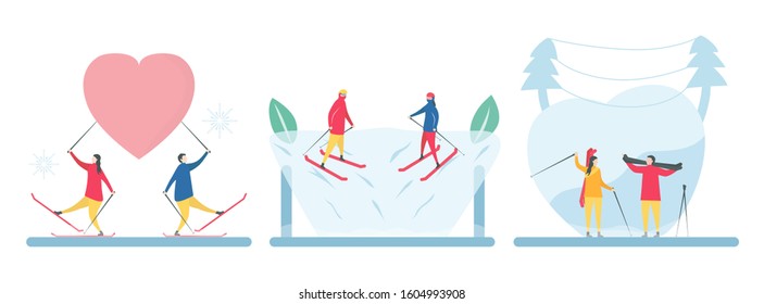 3 Sets of romantic adults couple play ski. Character design of people in winter season. Vector illustration in flat style.