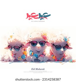 3 Sheeps Cartoon colorful with sunglasses For Eid adha Mubarak on white background - Arabic translation: Eid Adha Mubarak 