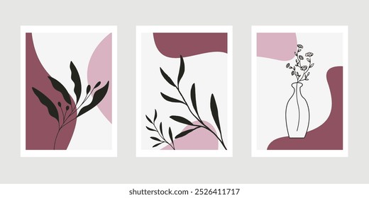 3 sheets of frameless paintings with leaf and flower vase motifs, modern paintings for wall decoration