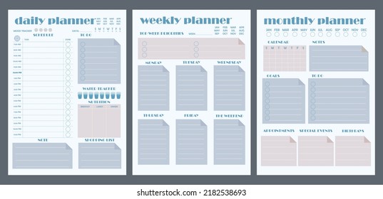 3 sheets of planners. Daily, weekly, monthly planner template. A cute and simple printable to-do list. Vector illustration.