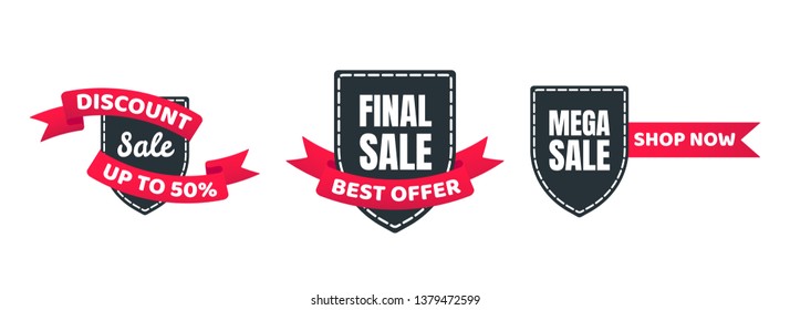 3 shield tag ribbon badge sale label concept template vector illustration isolated on white background. Sale, final sale, mega sale web banners elements for website and advertising. 