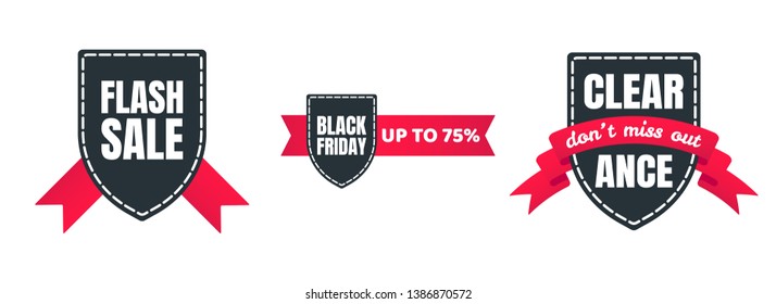 3 shield tag ribbon badge sale label concept template vector illustration isolated on white background. Flash sale, black friday, clearance web banners elements for website and advertising. 