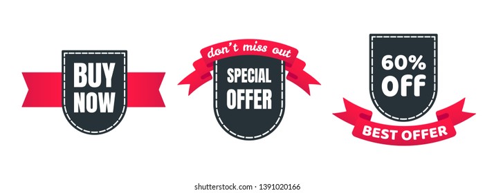 3 shield tag ribbon badge sale label concept template vector illustration isolated on white background. Buy now, special offer, 60% off web banners elements for website and advertising. 