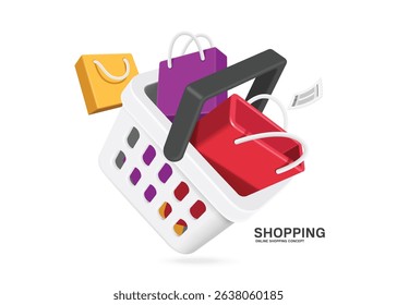 3 shopping bags, red, yellow, purple, are placed in white shopping basket for payment, vector 3d illustration isolated for online shopping advertising design, vector for banner advertisement design