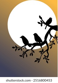 3 silhouettes of birds on tree branches