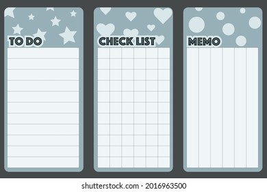 3 simple vector check lists for planning pastel color with stars, hearts and circles.