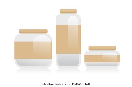 3 sizes of blank clear jar with lid for cosmetic, supplements or food product.  Vector illustration isolated on white background with reflection shadow. Ready to use for package design.