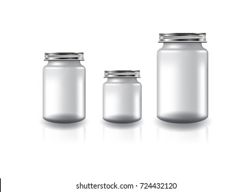 3 sizes of blank clear round jar with silver screw lid for supplements or food product. Isolated on white background with reflection shadow. Ready to use for package design. Vector illustration.