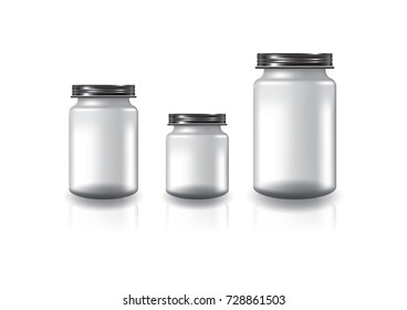3 sizes of blank clear round jar with black screw lid for supplements or food product. Isolated on white background with reflection shadow. Ready to use for package design. Vector illustration.