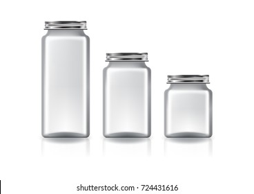 3 sizes of blank clear square jar with silver screw lid for supplements or food product. Isolated on white background with reflection shadow. Ready to use for package design. Vector illustration.